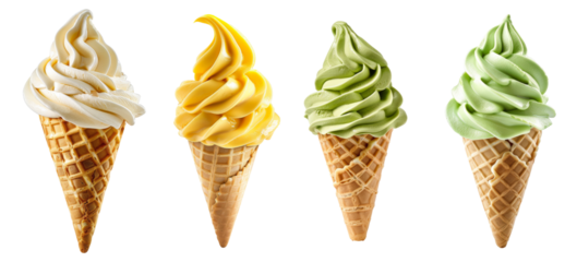 serve vanilla mango green Ice cream swirl on waffle cone on transparent background cutout, PNG file.