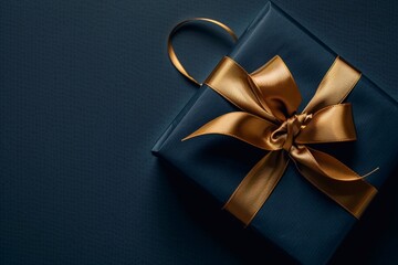 Cute dark blue gift box with golden ribbon on dark blue background, top view, copy space for mockup 