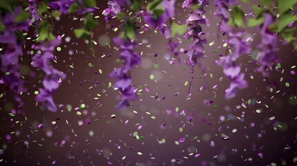 Soft lavender and bright green confetti cascading down a rich chocolate brown backdrop, perfect for an elegant and festive mood.