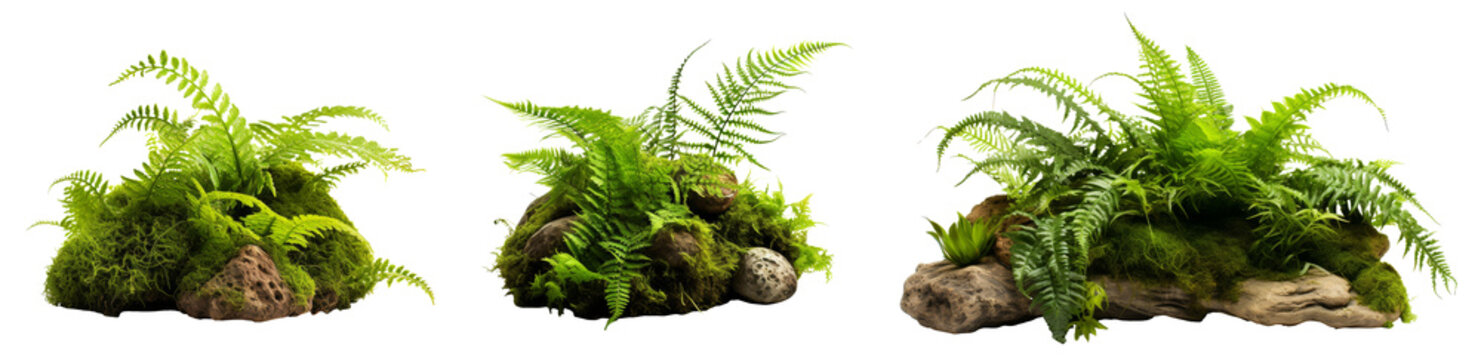 collection ferns and moss isolated on a transparent background