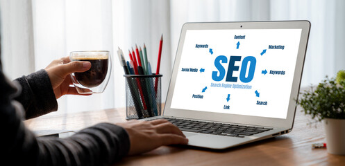 SEO search engine optimization for modish e-commerce and online retail business showing on computer...