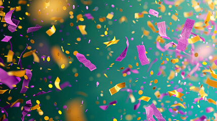 Soft purple and golden yellow confetti exploding on a deep green backdrop, perfect for a lively and festive mood.