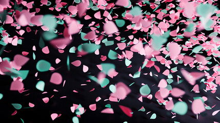 Soft pink and seafoam green confetti cascading down a jet black backdrop, providing a striking visual contrast.