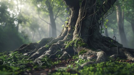 Fototapeta premium A tree standing in the middle of a dense forest. Suitable for nature and environment concepts