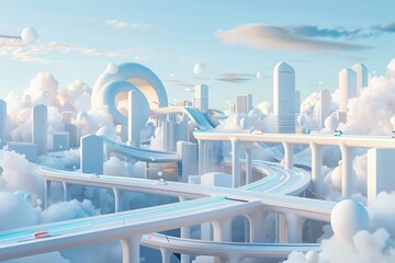 Future City Center, overpass, Technology and intelligence, 3D icon, cartoon, super cute, clay, blue-white, gradient 