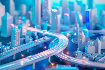 Future City Center, overpass, Technology and intelligence, 3D icon, cartoon, super cute, clay, blue-white, gradient 