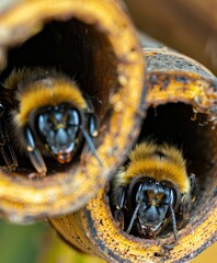 Close up of small bees inside hollow bamboo pipes.