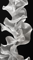 Elegant abstract sculpture of white fabric in fluid, wavy forms on black background