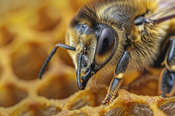 Close Up of a bee on a honeycomb, World Bee Day concept.