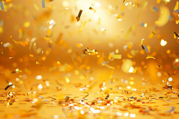 Sparkling confetti falls over a golden yellow background, providing a sunny, inviting atmosphere in high resolution.