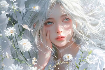 Adorable illustration portrait of a beautiful girl with white hair and white clothing surrounded by flowers, anime style