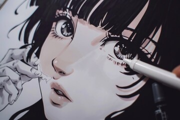 A pretty anime girl drawn with a marker on paper and many markers nearby