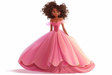 Cute and pretty cartoon princess standing and wearing pink ball dress. Dark curly hair, big brown eyes.