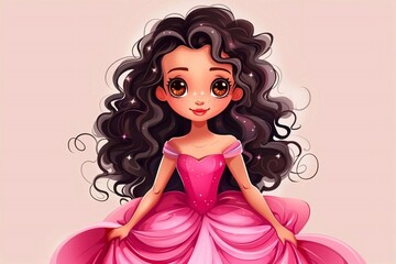 Cute and pretty cartoon princess standing and wearing pink ball dress. Dark curly hair, big brown eyes.