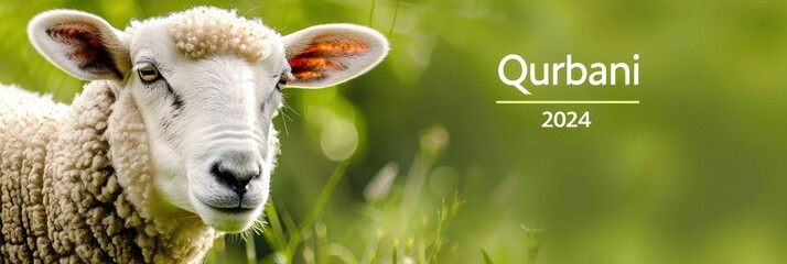 A white sheep with a brown spot on its head. The sheep is looking at the camera. The image is titled Qurbani 2024 and is a part of a calendar