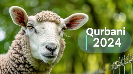 A white sheep with a brown spot on its head. The sheep is looking at the camera. The image is titled Qurbani 2024 and is a part of a calendar