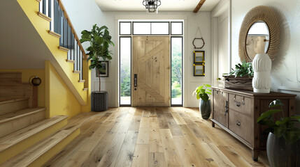 Stylish entryway with a lemon yellow staircase solid wooden door and a wide plank of birch hardwood flooring - Powered by Adobe