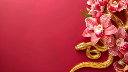 gold lucky snake new year 2025 and flower with space for text, r