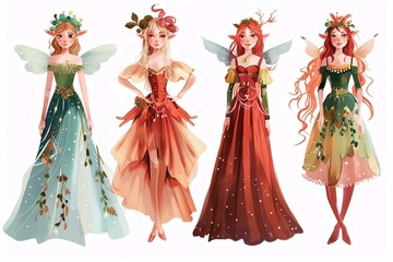 Set beautiful fairytale Elf princess on white background. Children's illustration for print or sticker. Isolated illustration. Romantic story. Wonderland. Postcard for friends or family. Vector