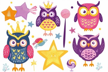 Adorable illustration set cute funny owls with a crown, star, magic wand, candy