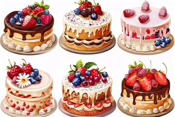 Delicious set of holiday cakes with cream, berries, fruits, flowers and sprinkles on a white background