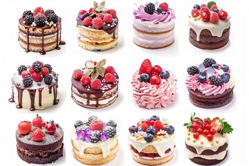 Delicious set of holiday cakes with cream, berries, fruits, flowers and sprinkles on a white background