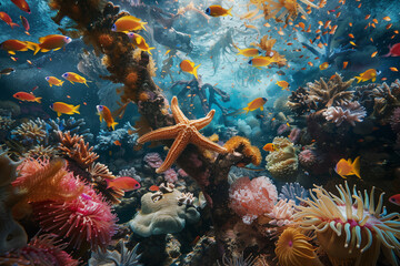 Colorful underwater scene with corals, starfish, and tropical fish in sunlit water