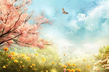 Spring Song background where a little bird sits on a branch with place for text, magical nature, background