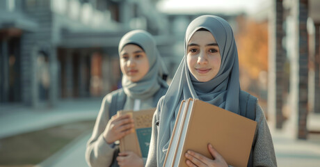 Two teenage muslim schoolgirls in hijab holding books. Islamic education concept for women. Generative ai