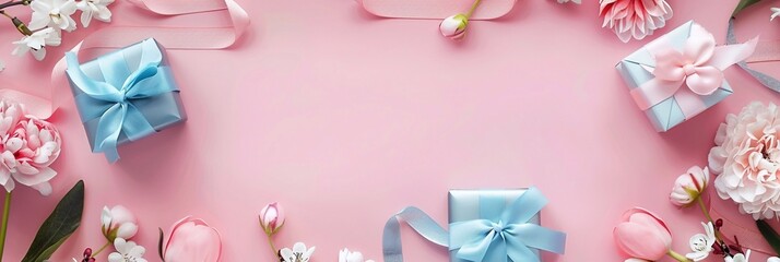 Top view concept photo of woman's day composition gift boxes with bows ribbon flowers on isolated pastel background with copyspace for text banner