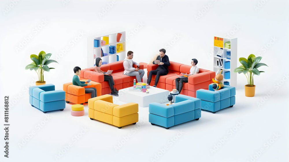 Aufkleber isometric 3d cute icon team meeting: tech pros strategizing blockchain project developments
