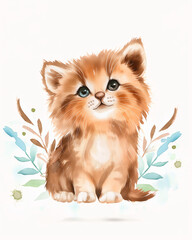 Watercolor painting of a small fluffy kitten with nature elements. Concept of cute animal art, children's illustration