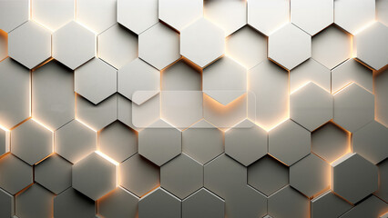 Hexagonal wall tiles with central text panel and soft backlighting. Concept of modern interior design, promotional backgrounds