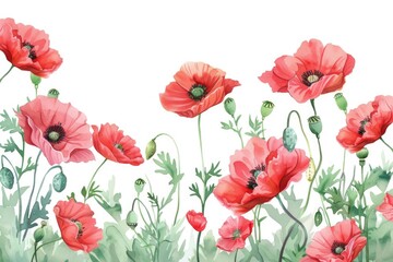 Vibrant red poppies painted on a clean white canvas. Perfect for floral themes and home decor