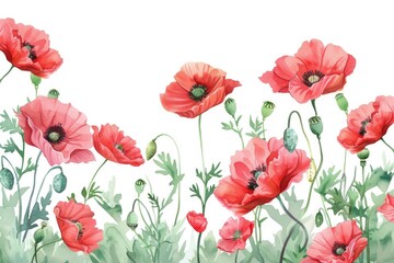 Fototapeta premium Vibrant red poppies painted on a clean white canvas. Perfect for floral themes and home decor