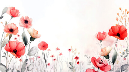 Artistic illustration of vibrant red poppies with delicate background flowers. Background with copy spacce