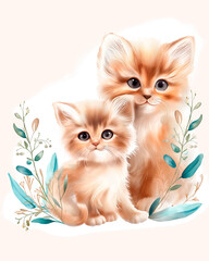 Watercolor illustration of a kitten and his mom