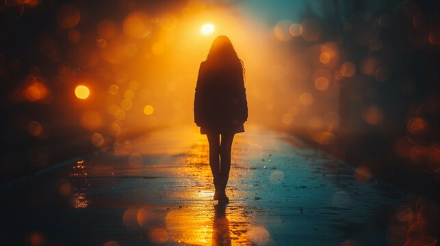 Woman walks away in dark,silhouette illuminated by soft orange light,power of woman concept.