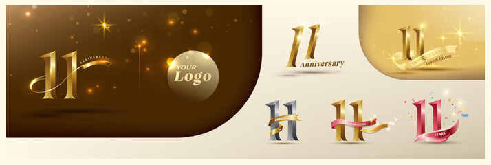 11th anniversary logotype modern gold number with shiny ribbon. alternative logo number Golden anniversary celebration