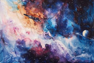 Space Voyage in Watercolor: Cosmic Ship Illustration