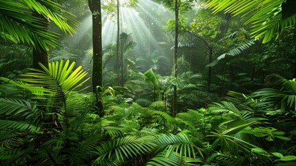 Naklejka premium The rainforest after the rain with sunlight penetrating into the forest