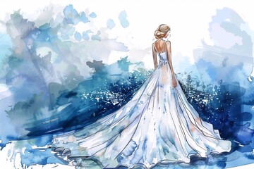 A charming watercolor image of a daughter-in-law's wedding dress, made in shades of deep blue and bright turquoise. This unsurpassed artwork conveys the sophistication and elegance of an outfit that i