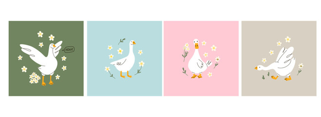 Cute goose. Adorable farm birds in different poses, funny characters and flowers. Childish print and poster, kids textile and nursery decor. Stickers set. Vector cartoon flat isolated illustration