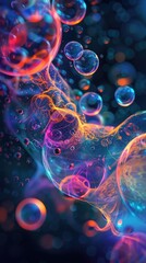 High-energy, 3D neon artwork featuring bright colors and fluid dynamics, with glowing bubbles against a dark setting, emphasizing motion and vibrant color contrasts
