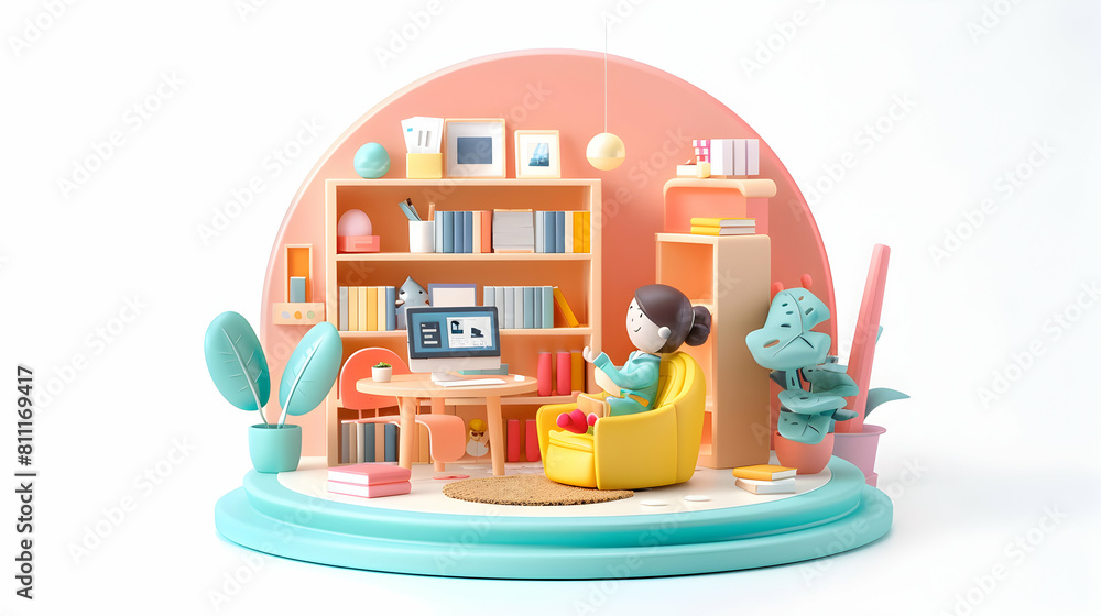 Poster virtual language class: 3d cute icon of language instructor leading cultural immersion in isometric 