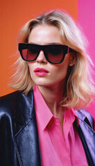 photo of beautiful woman with blonde hair and style sunglasses standing against pink background, generative AI