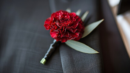 Red carnation boutonniere on fabric. - obrazy, fototapety, plakaty