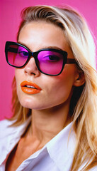 photo of beautiful woman with blonde hair and style sunglasses standing against pink background, generative AI
