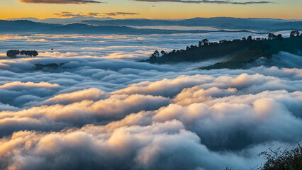 Fototapeta na wymiar Sea of clouds over fields just after sun rise 16:9 with copyspace