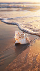 Seashell on sandy beach with wave at sunset, golden light reflecting on wet sand